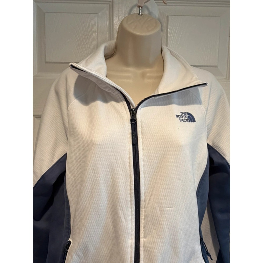 The North Face Womens Large Grid Fleece Jacket White Blue Full Zip Outdoor